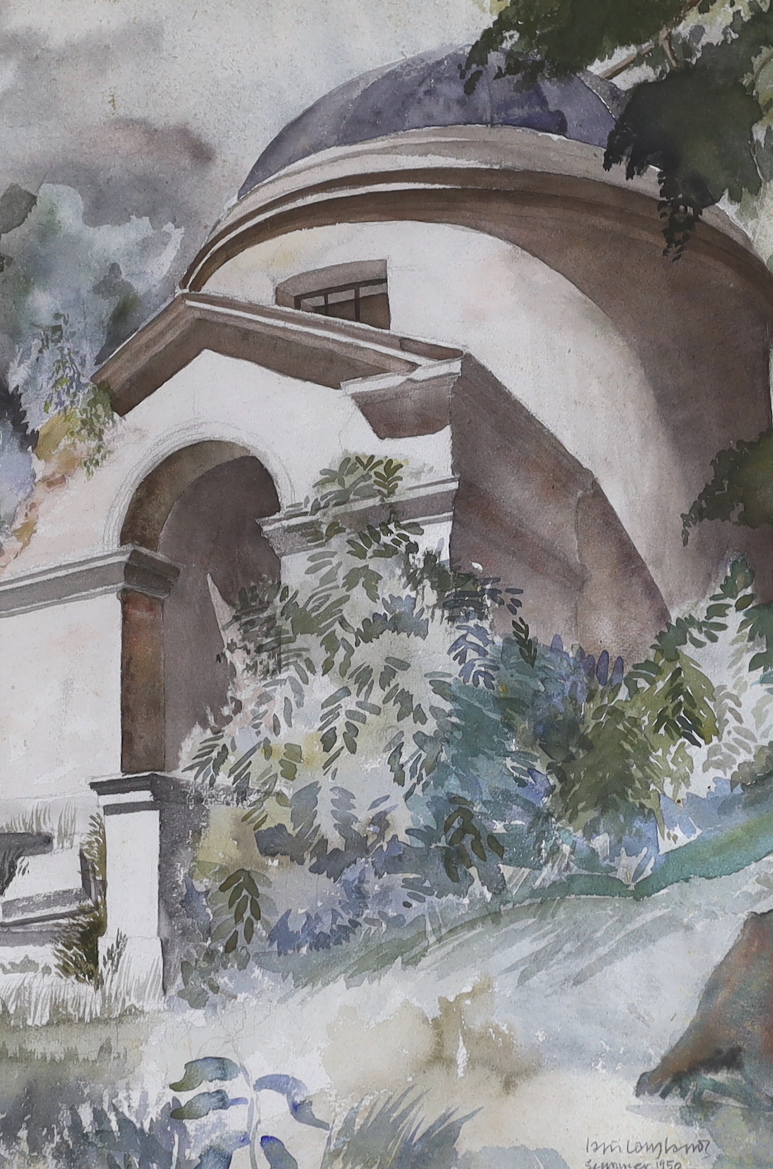 Iain Langland (20th. C), watercolour, 'Chiswick House', signed and dated 1950, inscribed in ink verso, 49 x 33cm (associated to the Bloomsbury group as a model and friend to Duncan Grant)